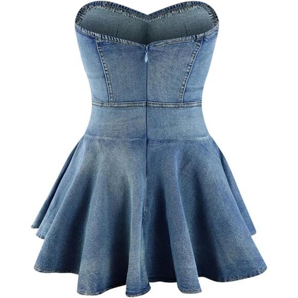 Womens Denim Dress Strapless Off Shoulder Mini Casual Clubwear - Picture 4 of 5